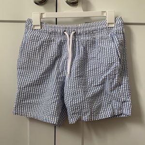 Blue and white seersucker swimsuit